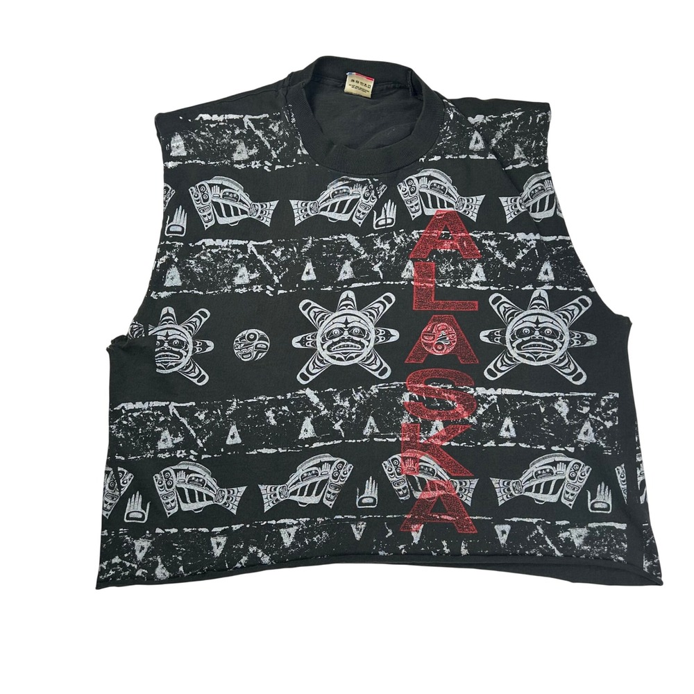 Vintage Fruit of the Loom Alaska Tribal Totem Muscle Tee Black XL Cropped Cutoff